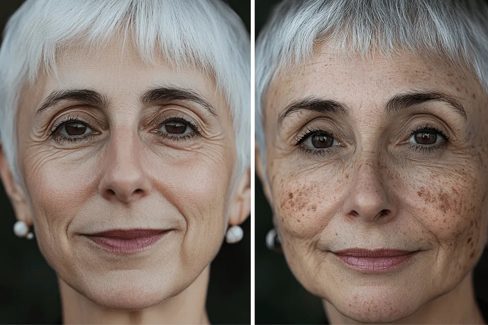 Raewyn and Gail, identical twins, photographed four weeks apart
